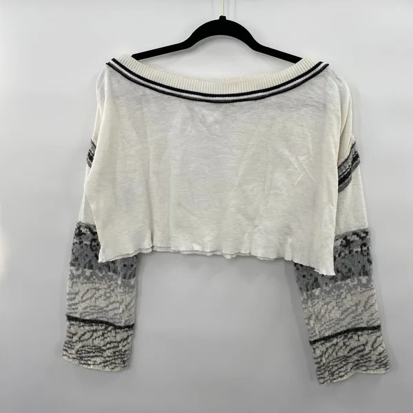 Free People Sweater Cropped Long Sleeve White Black Wide Boat Neck Womens Small - Image 2