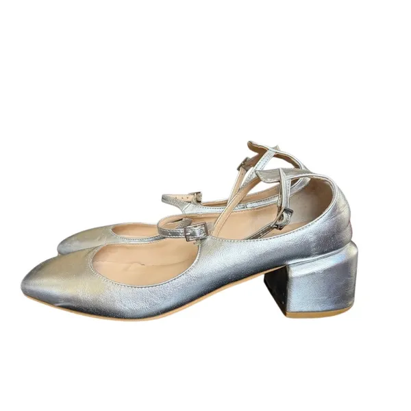 Peche Nico Heels Silver Size‎ US 7.5 /8 Mary Jane Style Strap Small Heel - Image 3