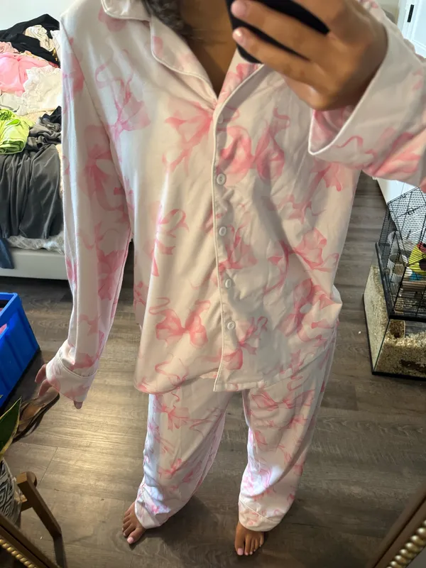 SheIn Pink Bow Print Pajama Set - Soft Button-Up Sleepwear - Image 2