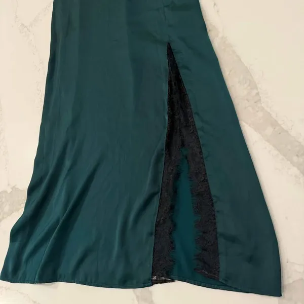 Zara NWT Satin Lace Asymmetrical Midi Slip Dress Womens Medium EmeraldGreen Sexy - Image 2
