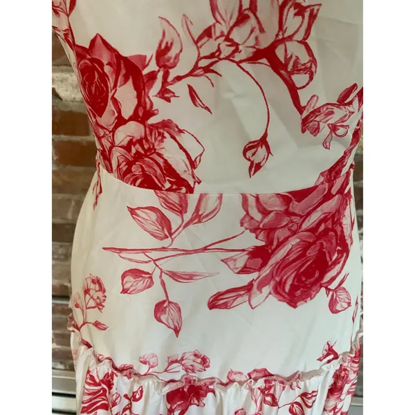 Red White Floral Toile Maxi Dress Tie Shoulder Low Back Tiered Hem Women Size L - Image 4