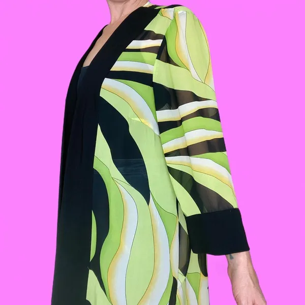 Vintage Green Black Abstract Edgy Art Open Long Sheer Cardigan - Image 8