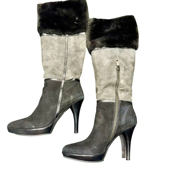 B Makowsky Knee High Platform Boots Women’s 7 Gray Black Leather Side Zip EUC - Image 5