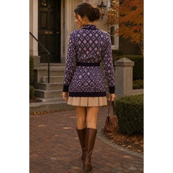 COSY WOOL‎ by Elson Purple Geometric Cardigan Sweater Belted Tie Waist Size 38 - Image 8
