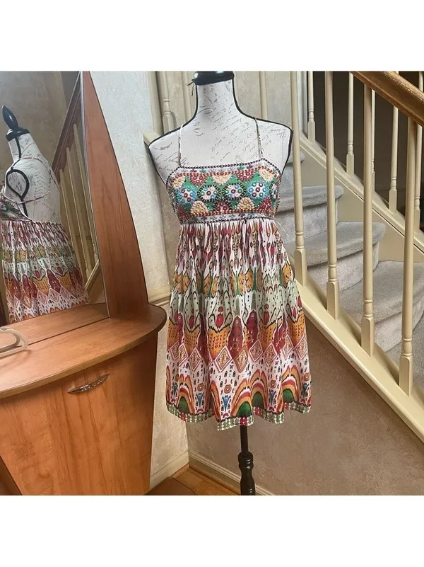 ZARA Chiffon Printed Strappy Embroidered Dress Open Back Sequins multicolor XS - Image 5