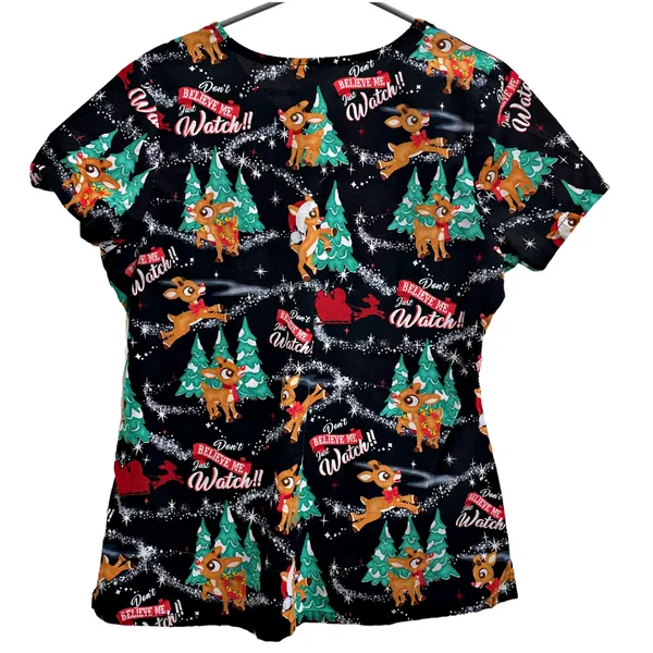 Rudolph the Red Nose Reindeer Don't Believe Me Just Watch Christmas Scrub Top M - Image 3