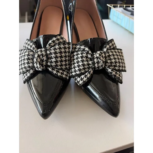 Source Unknown black patent pointed-heels with prominent black-and-white houndstooth bows - Image 2