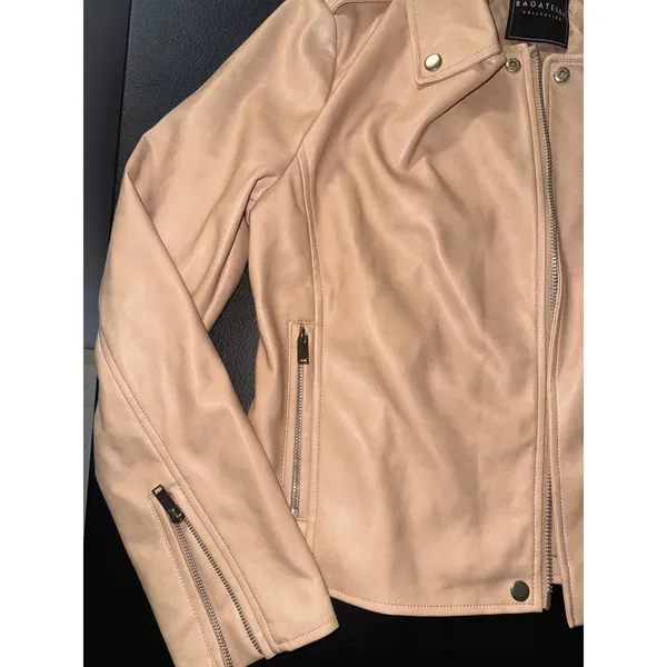 Bagatelle Collection Womens Faux Leather Moto Biker Jacket Peach Beige M Edgy - Image 2