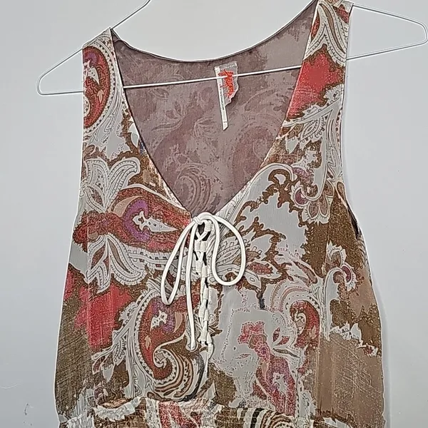 Free People boho paisley chiffon bohemian tie front tan pink dress sz Medium - Image 2