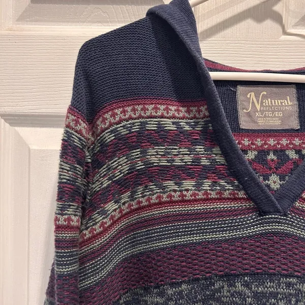 Natural Reflections Women XL Fair Isle Hooded Sweater Blue Burgundy Mixed Knit - Image 3