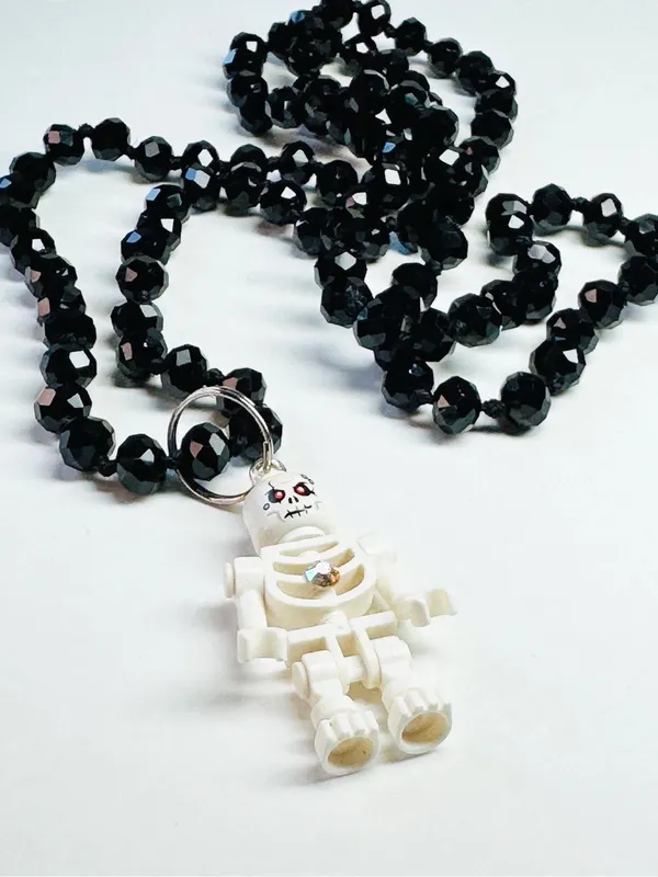 Lego Skeleton Charm on a long 36” Black Beaded Necklace. - Image 2
