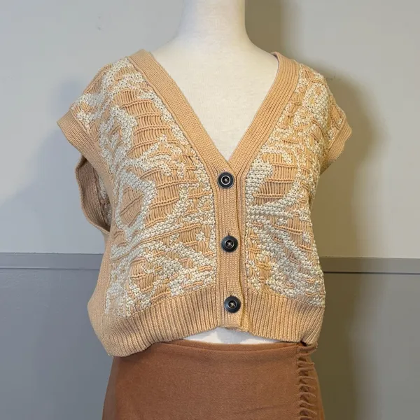 Free People Beige and Cream Knit Vest Geometric Pattern Sweater - Image 2