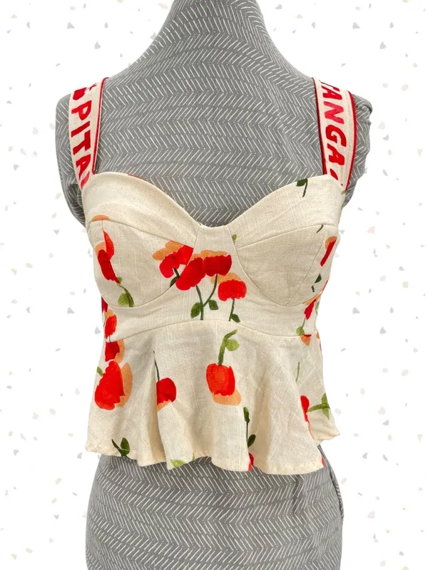 Farm Rio White Cherries Print Cherry Fruit Ruffle Crop Top Summer Blouse Size XS - Image 2