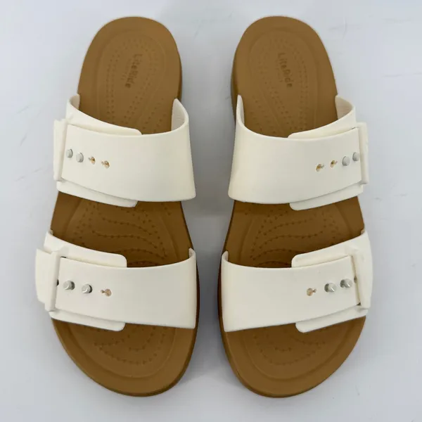 Crocs Brooklyn Buckle Low Wedge Sandal White Tan Women 6 Slip On Flip Flop New - Image 3