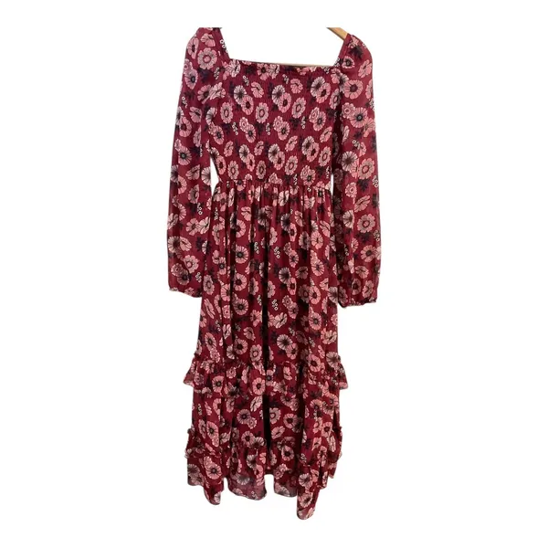 Teens Burgundy Floral Print Square Neck Long Sleeve‎ Tiered Ruffle Midi Dress 16 - Image 4