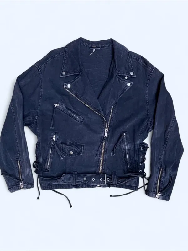 Free People Denim Oversized Rebel Motorcycle Jacket streetwear punk grunge M - Image 4