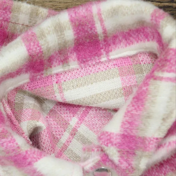 NEW Cropped Snap Front Long Sleeve Coat Jacket Pink Plaid See Measurements - Image 3