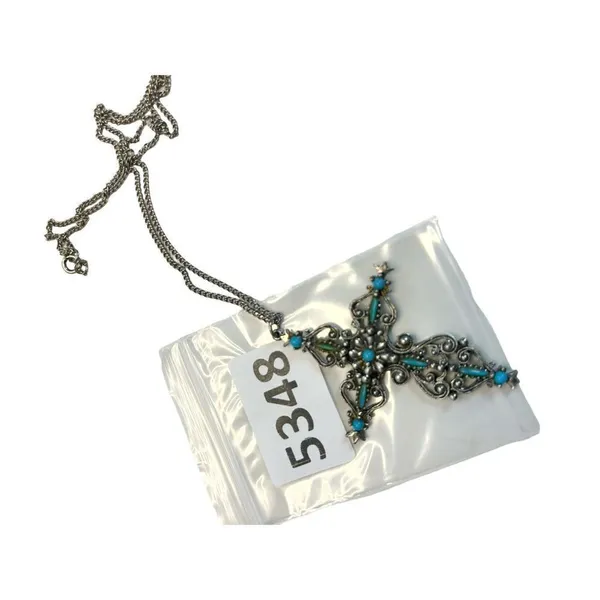 Signed Roma Cross Pendant Necklace Petit Point Faux Turquoise Christian Vintage - Image 10