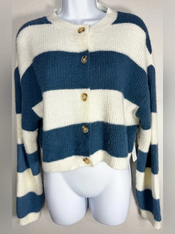 Altar'd State Blue and Cream Striped Button-Front Cropped Cardigan Size Small - Image 3
