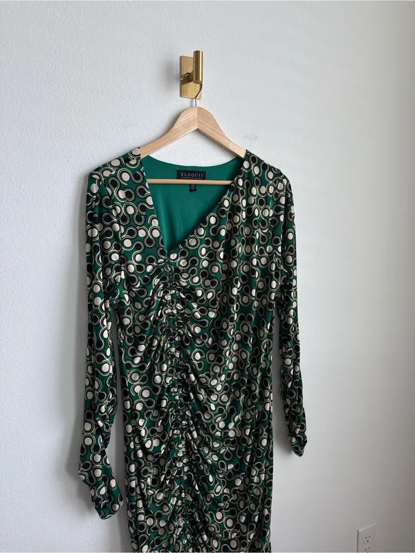 ELOQUII Green Abstract Print Ruched Midi Maxi Dress Long Sleeve Size 18 - Image 4