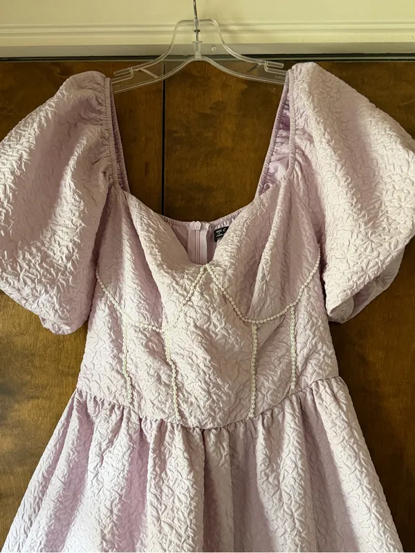 Simplee Lavender Puff Sleeve Pearl Trim Midi Dress Sweetheart Tiered Ruffle S - Image 3