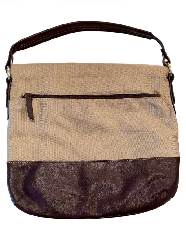 Vintage Franco Sarto Canvas Leather Fold Over Shoulder Bag in Beige/Dark Brown - Image 4