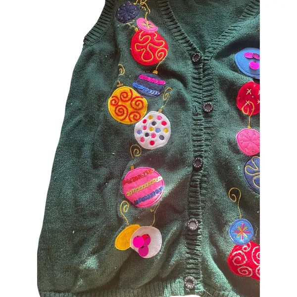 Vintage 90s Green Christmas Holiday Cardigan Sweater Vest Ugly Christmas Sweater - Image 4