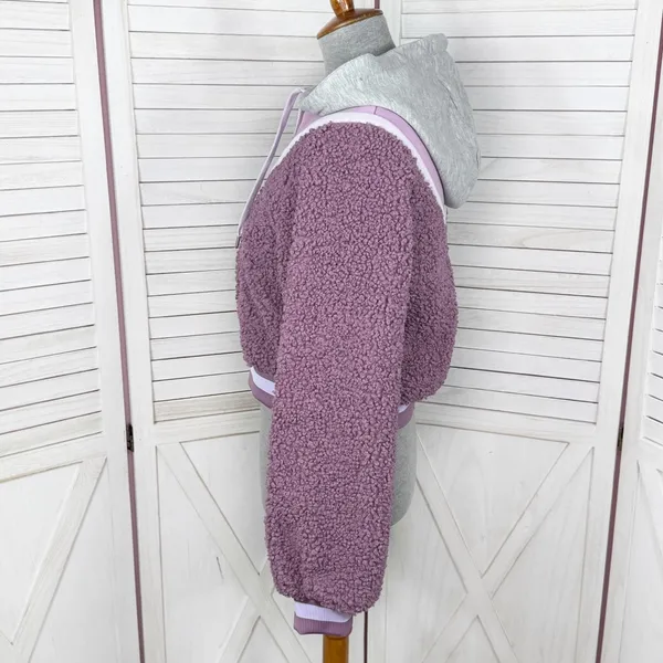 For Love &‎ Lemons Cozy Sherpa Cropped Pullover Half Zip Hoodie Purple Small - Image 3
