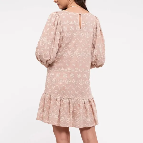 BLU PEPPER Soft Pink Embroidered Eyelet Mini Dress Small Coquette Cottagecore - Image 2