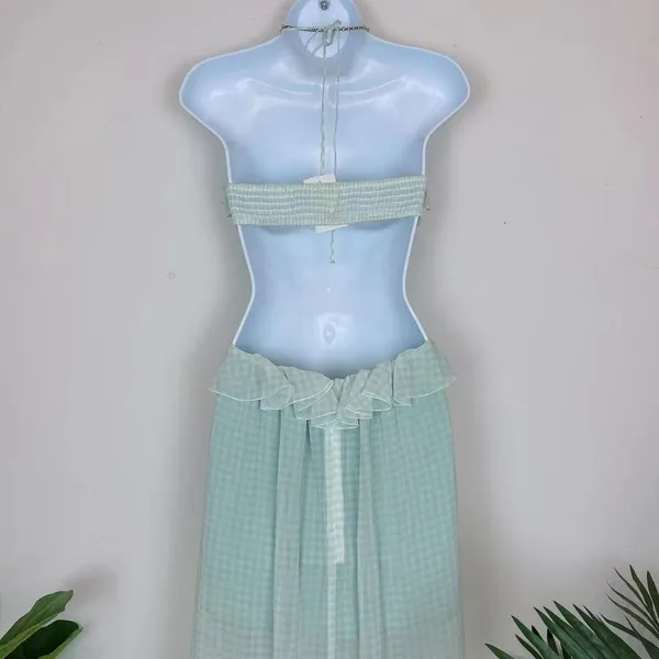 Bellevue Green Gingham Summer Gabby Halter Cutout Casual Dress Wedding Guest - Image 4