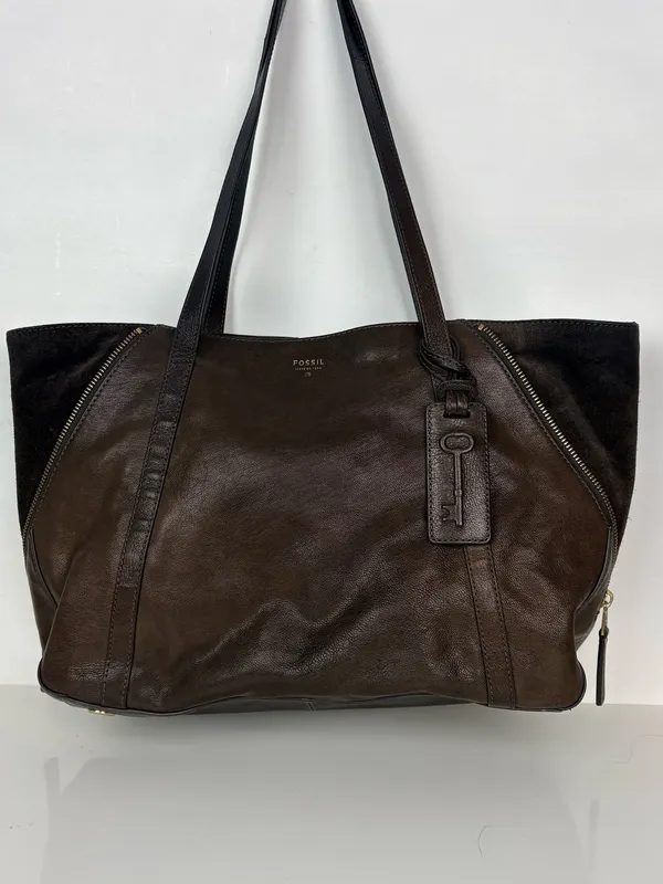 FOSSIL Gwen Shopper Tote Chocolate Brown Leather/Suede Shoulder Bag Convertible - Image 3