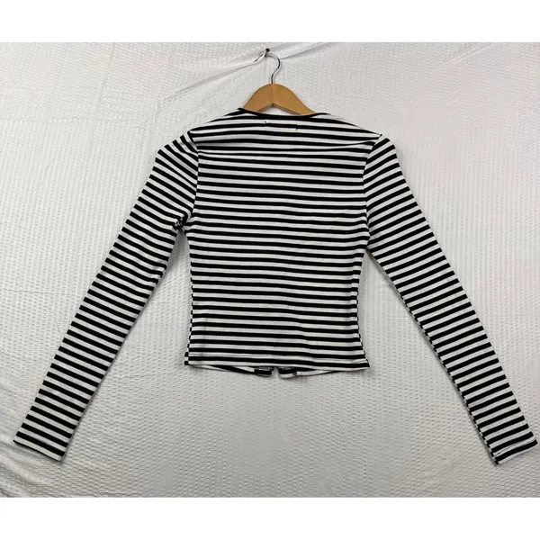 Qinsen Womens Striped Ribbed Knit Button Front Long Sleeve Cardigan Top Black S - Image 4