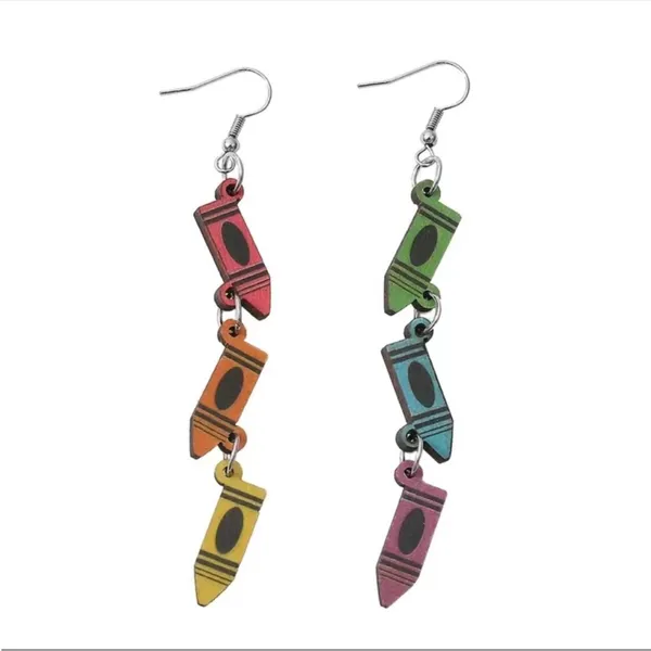 Boho Mismatched Asymmetrical Whimsical Novelty Style‎ Crayon Teacher Earrings - Image 5