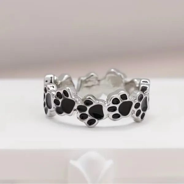 Paw Print Stainless Steel Silver and Black Paw Print Adjustable Ring Size 6-9 - Image 3