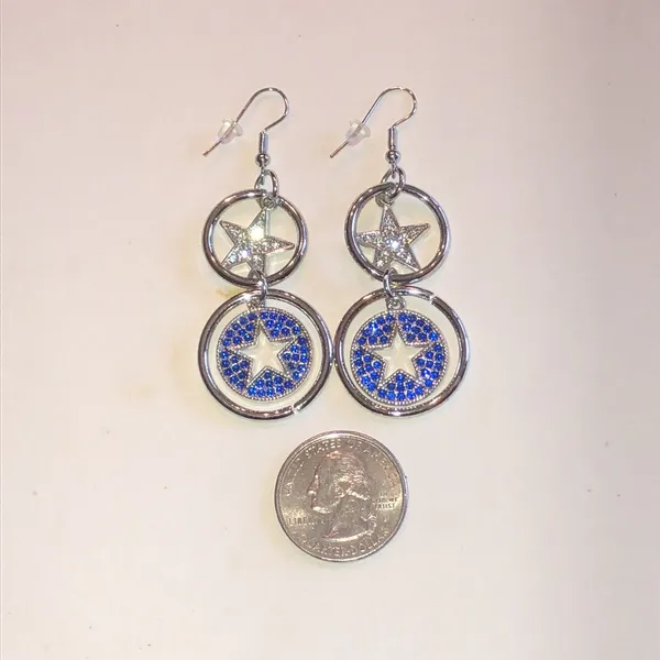Silver Tone Star Drop Earrings with Blue Crystal Accents - Image 3