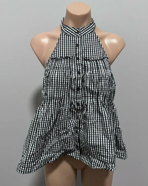 Free People Take It Easy Gingham Halter Top Black White Plaid Small Buttons - Image 2