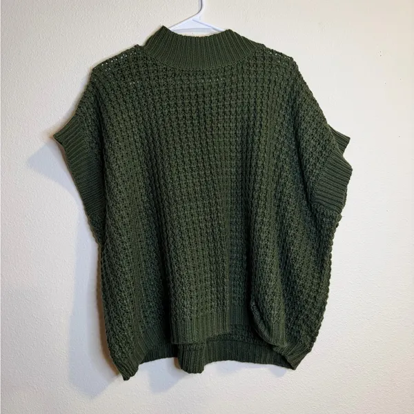 Amazon Olive Green Waffle Knit Short Sleeve Mock Neck Sweater - Image 2