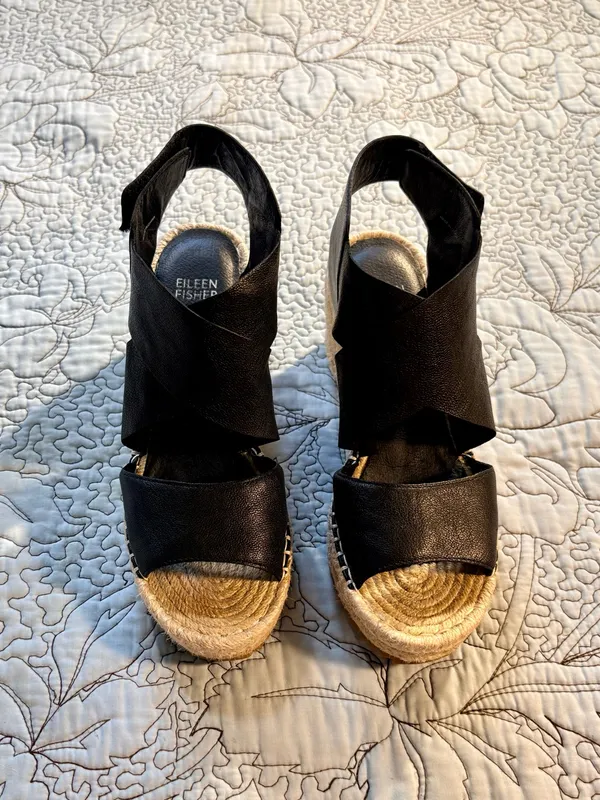 ☀️Eileen Fisher Willow Black Leather Espadrille Wedge Sandals Sz 7.5🧡 - Image 11