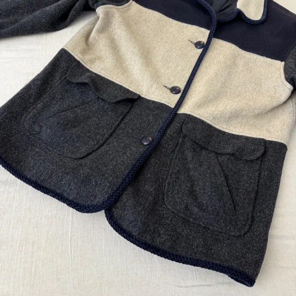 Herman Kay Vintage Women 12 Colorblock Wool‎ Coat Sherpa Collar Navy Grey Beige - Image 5