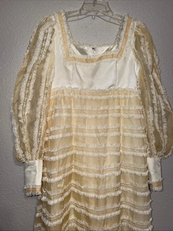 vintage 70s pale yellow maxi dress sheer ruffled tiers and long puff sleeves - Image 4