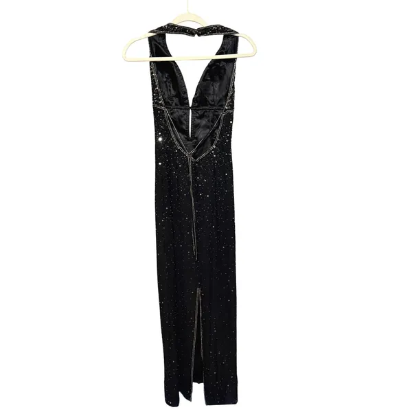 Scala Black Halter Beaded Sequin Maxi Formal Gown Sz L‎ - Image 3
