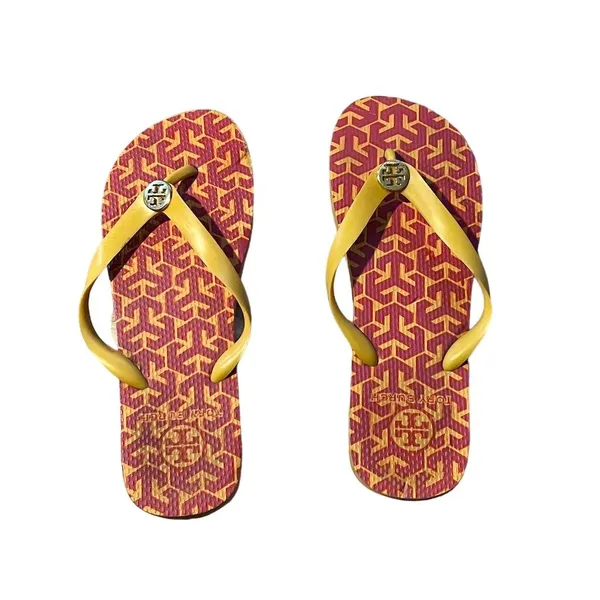 Tory Burch Women's Flip Flop Sandals Yellow Straps Red/Orange Geometric Pattern - Image 4