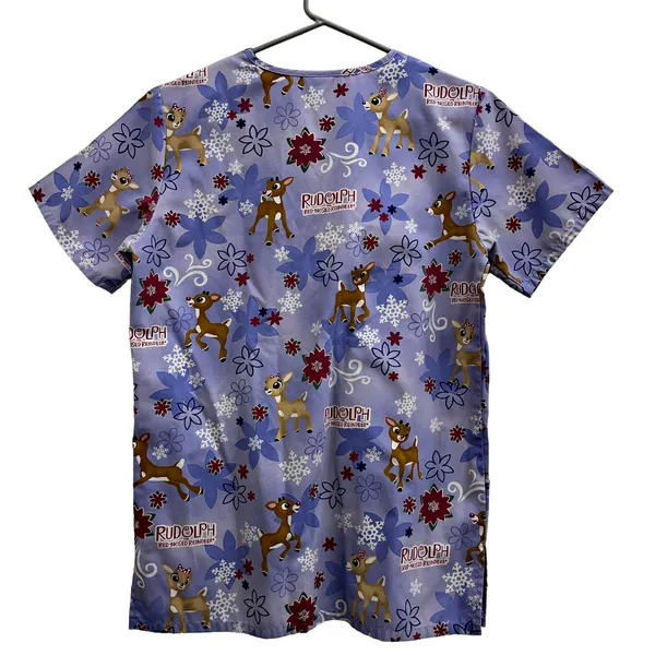 Rudolph Red Nosed Reindeer Christmas Purple Scrub Top XS X-Small - Image 3