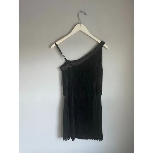Vintage Y2K‎ Aqua Dress One Shoulder Black Fringe Cocktail Party 20s size 4 - Image 4