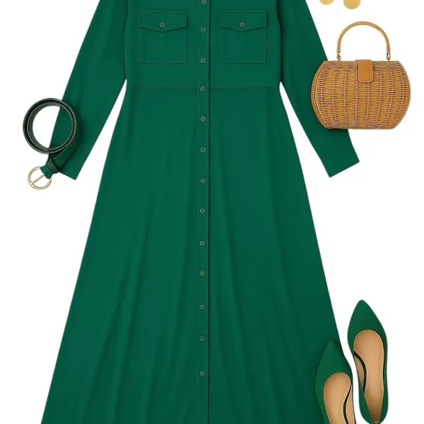 Lucky Brand Jewel Green Satin Shirt Dress XL Utility Long Sleeve Midi Pockets - Image 3