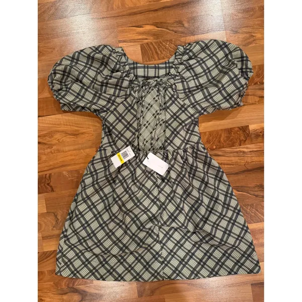 Line‎ and dot Plaid Mini Dress Women Medium Puff Sleeve Tie Back fall preppy NWT - Image 3