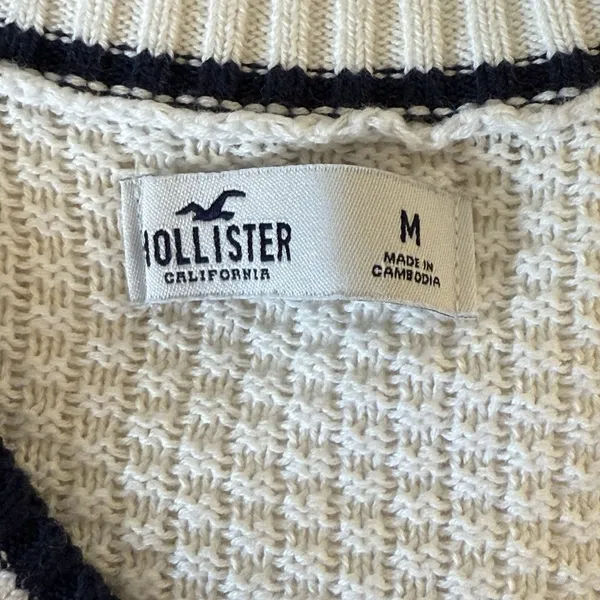 Hollister Preppy V-Neck Cream White Cable Knit Sweater‎ Medium Oversized Tennis - Image 7