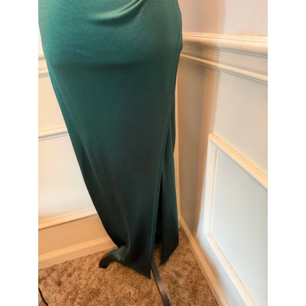 Emerald Green Satin Surplice Midi Dress with Slit Jewel Tone Wedding Guest - Image 3