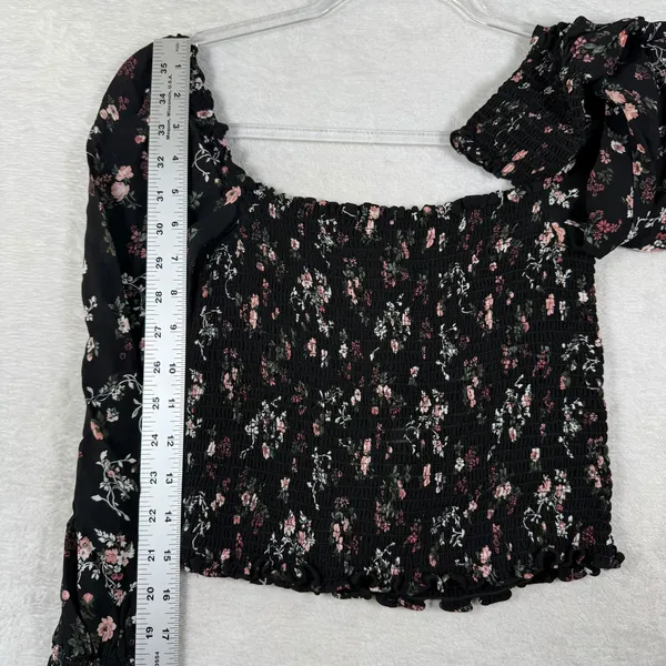 Reformation Black Floral Smocked Crop Top Square Neck Long Sleeve Small - Image 4