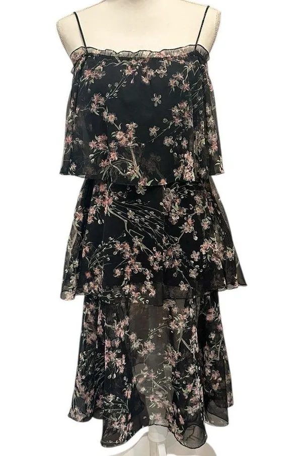 VTG 60-70s Black Chiffon Tiered Midi Dress Pink Floral Coquette Fairy Cottage XS - Image 4